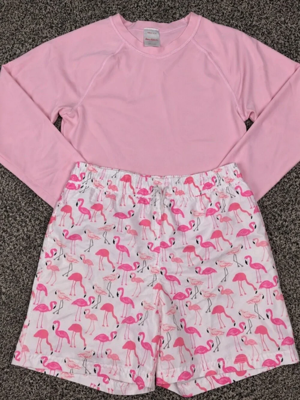 Janie & Jack Flamingo Swim Trunks & Hanna Andersson Rashgard Size 10